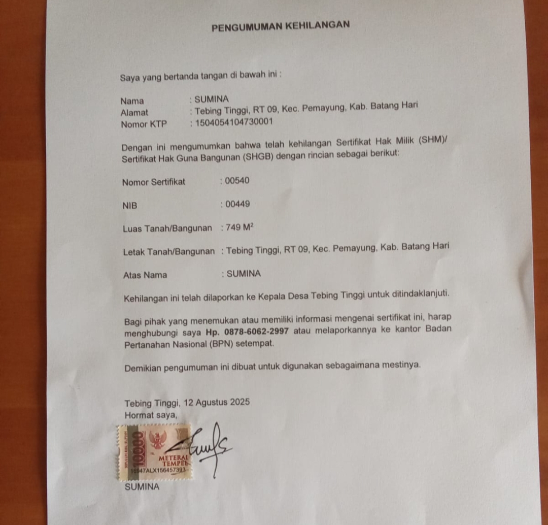 Warga Pemayung Umumkan Kehilangan Sertifikat Tanah